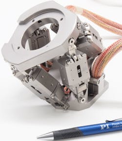 FIGURE 2. Miniaturization of piezomotors allows construction of compact six-axis nanopositioning systems with high force and nonmagnetic properties. FIGURE 2. Miniaturization of piezomotors allows construction of compact six-axis nanopositioning systems with high force and nonmagnetic properties.