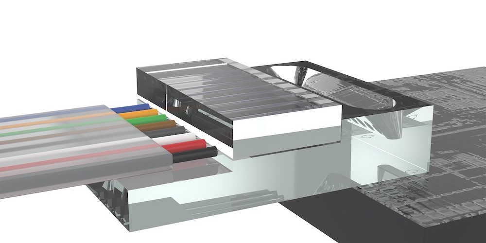 Here, light from an eight-channel fiber array is coupled to a silicon photonic circuit using Optoscribe's glass OptoCplrLT coupler, which uses total internal reflection via a curved indentation in the glass to direct the light down to the grating couplers in the circuit.