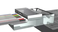 Here, light from an eight-channel fiber array is coupled to a silicon photonic circuit using Optoscribe's glass OptoCplrLT coupler, which uses total internal reflection via a curved indentation in the glass to direct the light down to the grating couplers in the circuit.