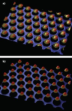FIGURE 4. A comparison of PSS structures measured using conventional signal processing techniques (a) and those optimized for PSS structures (b) shows that, in the latter, more of the area of each structure is imaged, and the structures appear more uniform–as expected. The noise is reduced by more than a factor of ten. FIGURE 4. A comparison of PSS structures measured using conventional signal processing techniques (a) and those optimized for PSS structures (b) shows that, in the latter, more of the area of each structure is imaged, and the structures appear more uniform–as expected. The noise is reduced by more than a factor of ten.