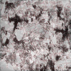 FIGURE 3. In a photoluminescence image of a 156 × 156 mm as-cut multicrystalline silicon wafer, a red color overlay displays the result of automatic image-processing analysis for a specific defect type. Metrics derived from such image analysis allow correlation with and prediction of cell performance based on measurements on the starting material. The image was taken using a BT Imaging iLS-W1 inline inspection system. FIGURE 3. In a photoluminescence image of a 156 × 156 mm as-cut multicrystalline silicon wafer, a red color overlay displays the result of automatic image-processing analysis for a specific defect type. Metrics derived from such image analysis allow correlation with and prediction of cell performance based on measurements on the starting material. The image was taken using a BT Imaging iLS-W1 inline inspection system.