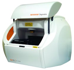FIGURE 2. The RenDx SA-1000 analyzer uses surface-enhanced resonance Raman scattering (SERRS) to allow multiplexing of reactions in search of as many as 10 markers at once. FIGURE 2. The RenDx SA-1000 analyzer uses surface-enhanced resonance Raman scattering (SERRS) to allow multiplexing of reactions in search of as many as 10 markers at once.