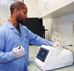 FIGURE 1. This NIR spectrophotometer, used for monitoring female eggs during in-vitro fertilization (IVF), contains a constant current tungsten-halogen light source and an indium gallium arsenide (InGaAs) array-based spectrometer. FIGURE 1. This NIR spectrophotometer, used for monitoring female eggs during in-vitro fertilization (IVF), contains a constant current tungsten-halogen light source and an indium gallium arsenide (InGaAs) array-based spectrometer.