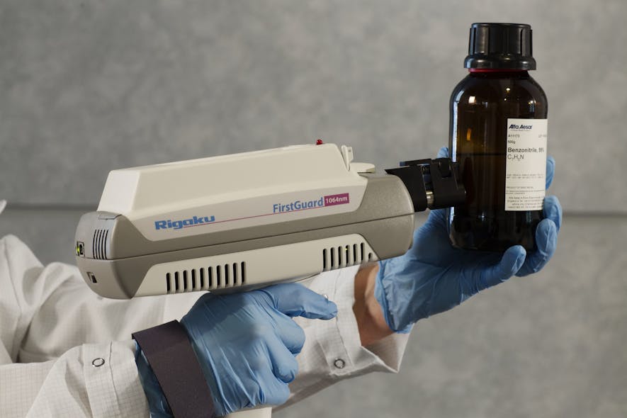 FIGURE 2. Rigaku&apos;s FirstGuard is a handheld Raman analyzer that can use a 532, 785, or 1064 nm laser.