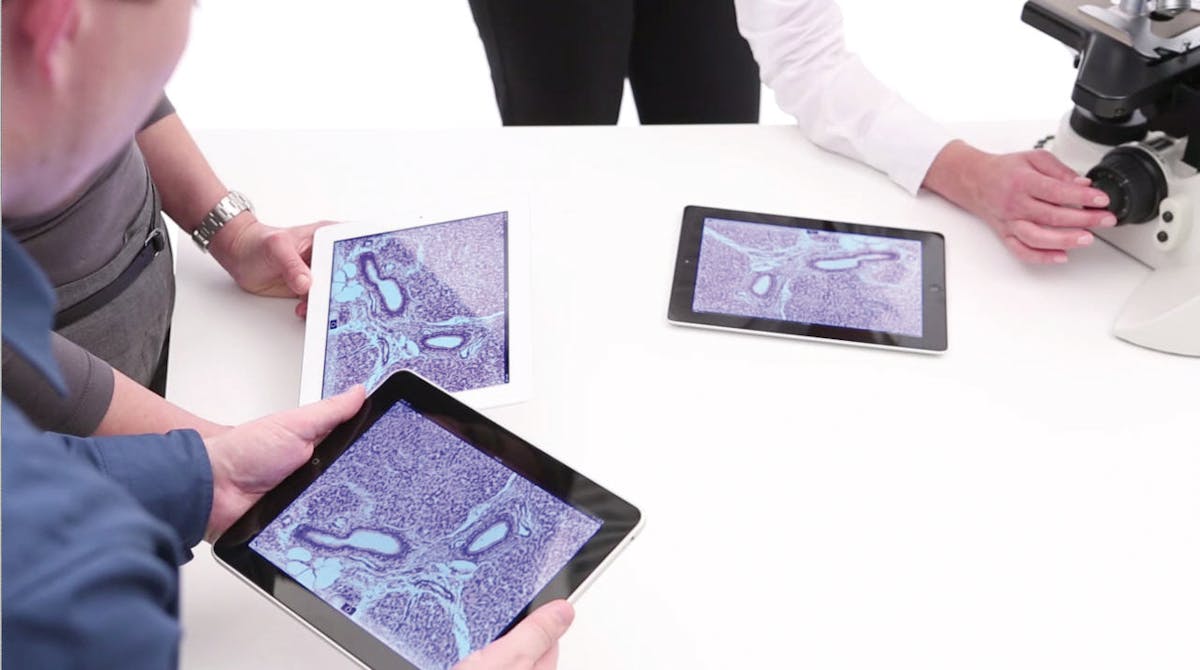 FIGURE 1. DMshare, which &apos;has revolutionized how things go in my classroom,&apos; according to Maria Moreno of Yale, distributes microscope images to iPads.