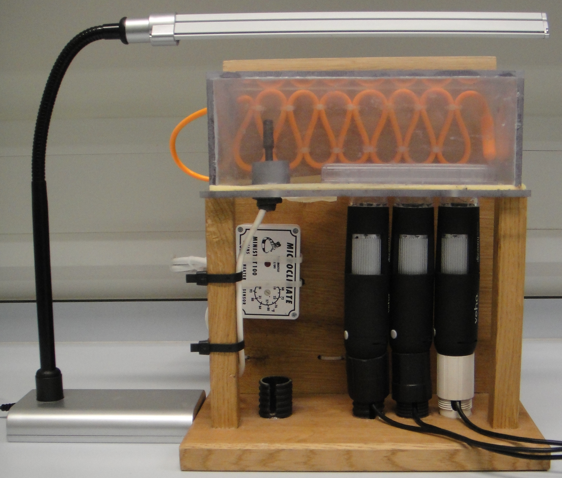 The finished Low-Cost Motility Tracking System (LOCOMOTIS) adapted by Adam Lynch to study snail immune systems.