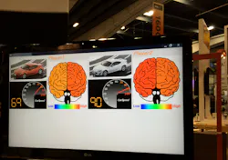 FIGURE 2. Attendees who passed by Hamamatsu's booth could not only watch how fast the cars zoomed around the track, they could also see real-time changes in blood oxygenation in the Brain Machine Interface participants' brains, as represented by color in side-by-side brain diagrams (each with a corresponding with speedometer) on a large computer monitor.