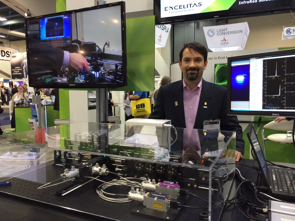 At the Qioptiq booth, Giacomo Vacca of Kinetic River showed off a flow cytometry setup he assembled using nothing but off-the-shelf components.