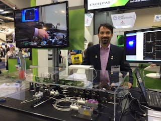 At the Qioptiq booth, Giacomo Vacca of Kinetic River showed off a flow cytometry setup he assembled using nothing but off-the-shelf components.