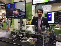 At the Qioptiq booth, Giacomo Vacca of Kinetic River showed off a flow cytometry setup he assembled using nothing but off-the-shelf components. At the Qioptiq booth, Giacomo Vacca of Kinetic River showed off a flow cytometry setup he assembled using nothing but off-the-shelf components.