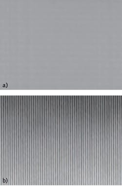 FIGURE 1. The effect of laser wavelength on lateral resolution: A grating with 260-nm-wide lines imaged using a laser scanning confocal microscope with a 658 nm laser (a) and a grating with 120-nm-wide lines imaged using the Olympus LEXT OLS5000 laser scanning confocal microscope with a 405 nm laser (b) are shown. FIGURE 1. The effect of laser wavelength on lateral resolution: A grating with 260-nm-wide lines imaged using a laser scanning confocal microscope with a 658 nm laser (a) and a grating with 120-nm-wide lines imaged using the Olympus LEXT OLS5000 laser scanning confocal microscope with a 405 nm laser (b) are shown.