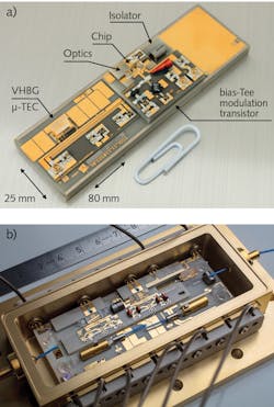 FIGURE 3. An external cavity diode laser (ECDL) module (a) and an integrated laser module with several ECDLs and master oscillator power amplifiers (MOPAs; b). FIGURE 3. An external cavity diode laser (ECDL) module (a) and an integrated laser module with several ECDLs and master oscillator power amplifiers (MOPAs; b).