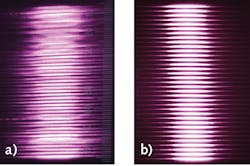 FIGURE 9. Laser images at 30 cm from high-SMILE DMCC vertical stack (a) and low-SMILE DMCC vertical stack (b) collimated by FAC lenses.