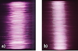FIGURE 9. Laser images at 30 cm from high-SMILE DMCC vertical stack (a) and low-SMILE DMCC vertical stack (b) collimated by FAC lenses. FIGURE 9. Laser images at 30 cm from high-SMILE DMCC vertical stack (a) and low-SMILE DMCC vertical stack (b) collimated by FAC lenses.
