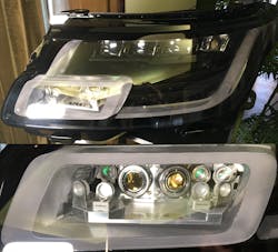 FIGURE 3. A Varroc Lighting Systems headlamp with integrated lidar provides a full 20 × 80-degree field of view (FOV) per headlamp. It leverages four of SiLC’s silicon photonics FMCW vision chips, as well as two MR-15-30 VCMs from Optotune. FIGURE 3. A Varroc Lighting Systems headlamp with integrated lidar provides a full 20 × 80-degree field of view (FOV) per headlamp. It leverages four of SiLC’s silicon photonics FMCW vision chips, as well as two MR-15-30 VCMs from Optotune.