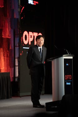FIGURE 2. Susumu Noda, Professor of Electronic Science and Engineering at Kyoto University, at Photonics West 2019&rsquo;s OPTO plenary.