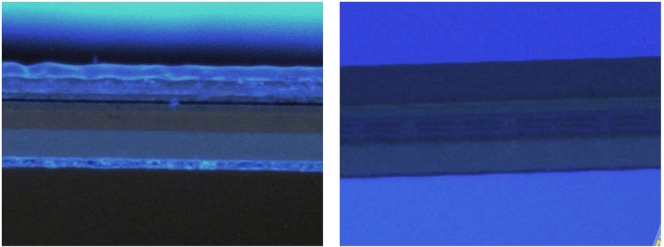 Figure 3 &ndash; Cp Film Cutting 193&mu;m Thickness (left) Luxinar Scx 35 9&mu;m, (right) Luxinar Sr 25 Aom 9&mu;m