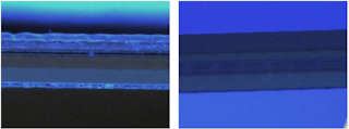 Figure 3 &ndash; Cp Film Cutting 193&mu;m Thickness (left) Luxinar Scx 35 9&mu;m, (right) Luxinar Sr 25 Aom 9&mu;m