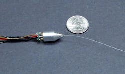 A miniature interrogation module that fits in a TO header (top) uses a position-sensitive detector and a linear variable filter to resolve tiny wavelength changes. In a vibration experiment (bottom), wavelength changes as small as 50 fm are detected. A miniature interrogation module that fits in a TO header (top) uses a position-sensitive detector and a linear variable filter to resolve tiny wavelength changes. In a vibration experiment (bottom), wavelength changes as small as 50 fm are detected.