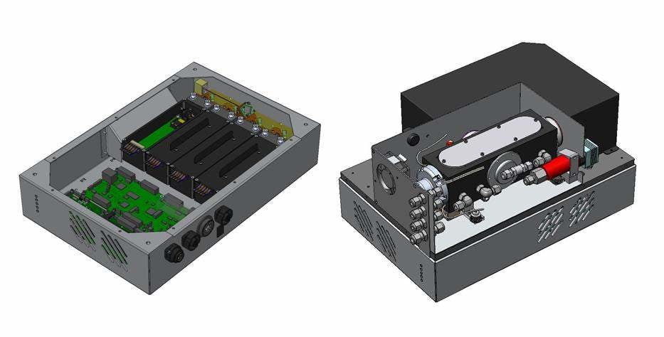 FIGURE 1. A modular, ruggedized architecture includes interchangeable laser modules and dual-path-length gas cells, easily configured to meet particular application requirements.