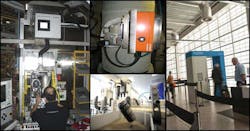 FIGURE 4. QCL-based gas sensors are now being used in a number of applications including production-line domestic boiler setting (left), continuous emissions monitoring (center, top), production-line aerosol leak detection (center, bottom), and improvised explosive detection at airports (right). FIGURE 4. QCL-based gas sensors are now being used in a number of applications including production-line domestic boiler setting (left), continuous emissions monitoring (center, top), production-line aerosol leak detection (center, bottom), and improvised explosive detection at airports (right).