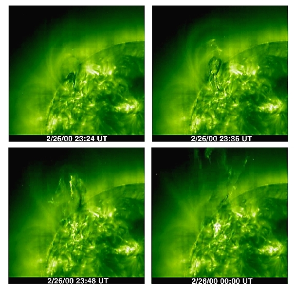FIGURE 1. The EIT recorded one hour of a coronal mass ejection at 19.5 nm on Feb. 26&ndash;27, 2000.