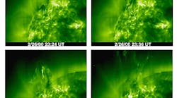 FIGURE 1. The EIT recorded one hour of a coronal mass ejection at 19.5 nm on Feb. 26&ndash;27, 2000.