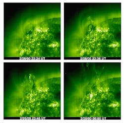 FIGURE 1. The EIT recorded one hour of a coronal mass ejection at 19.5 nm on Feb. 26–27, 2000. FIGURE 1. The EIT recorded one hour of a coronal mass ejection at 19.5 nm on Feb. 26–27, 2000.