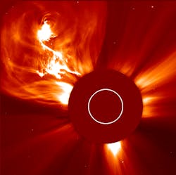 FIGURE 2. This beautiful, complex, coronal mass ejection (CME) image taken by LASCO C2 on Jan. 4, 2002 shows stunning details in the ejected material. In coronagraph images, direct sunlight is blocked by an occulter, revealing the surrounding faint corona. The approximate size of the Sun is represented by the white circle. FIGURE 2. This beautiful, complex, coronal mass ejection (CME) image taken by LASCO C2 on Jan. 4, 2002 shows stunning details in the ejected material. In coronagraph images, direct sunlight is blocked by an occulter, revealing the surrounding faint corona. The approximate size of the Sun is represented by the white circle.