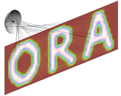 FIGURE 2. A complex illumination pattern is produced by a freeform reflector generated with the method of supporting ellipsoids. FIGURE 2. A complex illumination pattern is produced by a freeform reflector generated with the method of supporting ellipsoids.