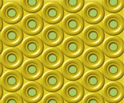 FIGURE 1. A Philips Photonics high-power VCSEL array consists of many laser apertures in hexagonal packing and surrounded by gold contacts. FIGURE 1. A Philips Photonics high-power VCSEL array consists of many laser apertures in hexagonal packing and surrounded by gold contacts.