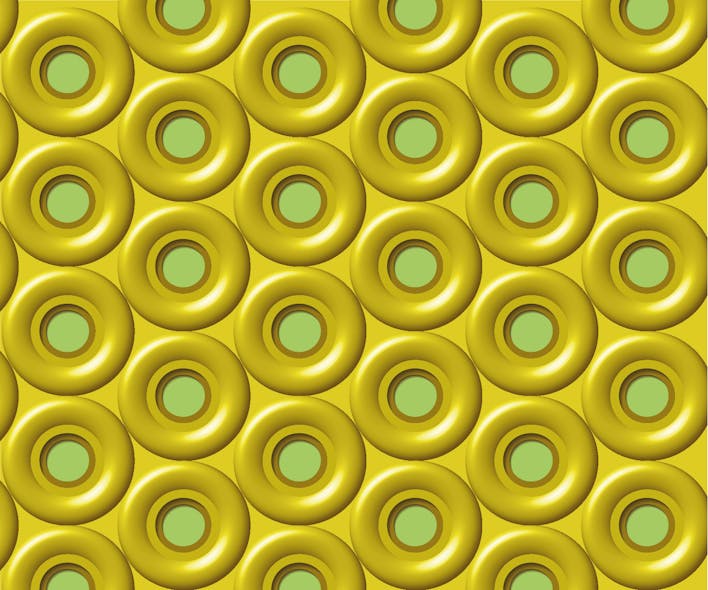 FIGURE 1. A Philips Photonics high-power VCSEL array consists of many laser apertures in hexagonal packing and surrounded by gold contacts.