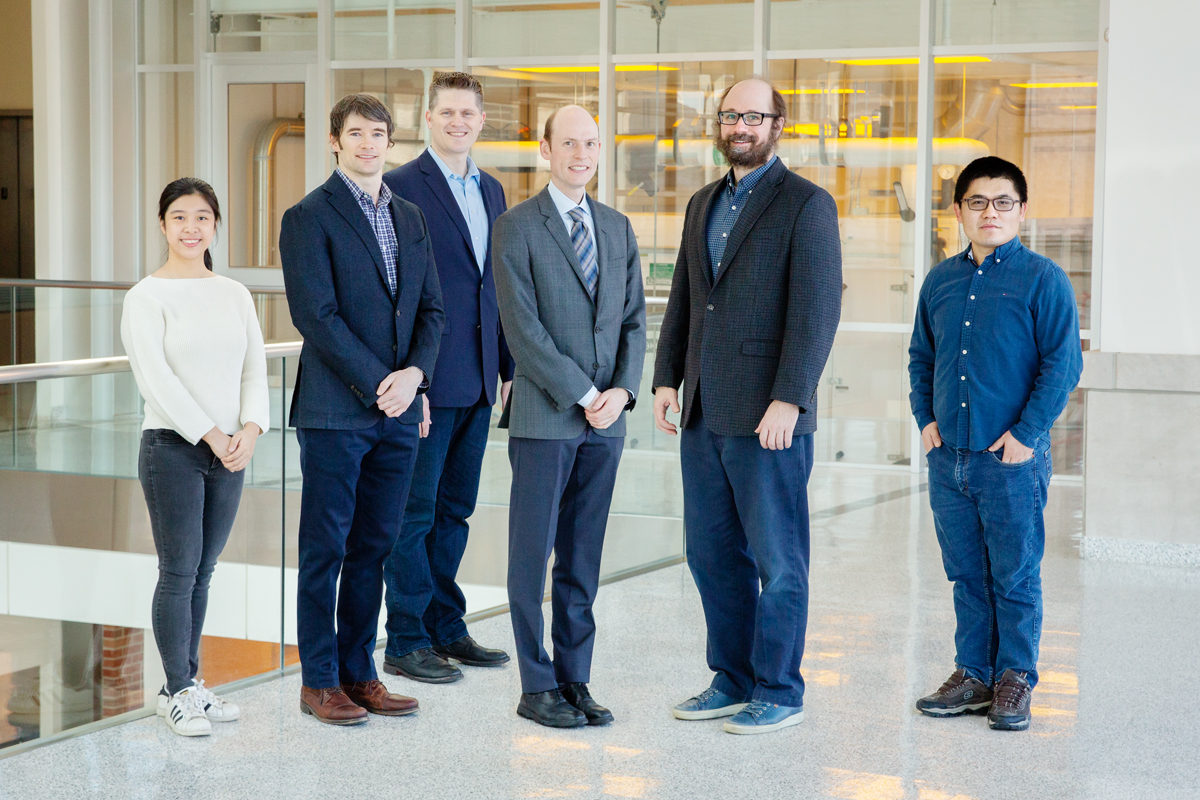(L-R) Xiaohui Zhang, Andrew Smith, Kelly Swanson, Erik Nelson, Mark Anastasio, and Junlong Geng are part of a team working to clarify the relationship between obesity and inflammation while on the hunt for obesity-fighting drug therapies.