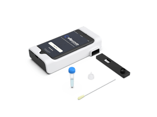 The reusable iPhone-based Clip Analyzer, the Clip COVID iOS app, and the single-use Cartridge, Swab, Extraction Tube, and Dropper Tip comprise the Clip COVID rapid antigen test.