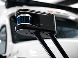 FIGURE 1. Lidar with a 200 m range used on the TuSimple autonomous truck is shown; this is mounted on one side of the hood of the tractor unit, above and slightly behind the headlight. A second lidar is above the other. FIGURE 1. Lidar with a 200 m range used on the TuSimple autonomous truck is shown; this is mounted on one side of the hood of the tractor unit, above and slightly behind the headlight. A second lidar is above the other.