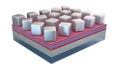 A plasmonic metasurface plus fluorescent layer takes widely angularly dispersed input light and emits light in a much-narrower cone. In the device, four layers of fluorescent-dye-packed polymer separate a layer of 60 nm nanocubes from a thin silver layer; interaction between the nanocubes and the silver layer enhance emission from the dye. A plasmonic metasurface plus fluorescent layer takes widely angularly dispersed input light and emits light in a much-narrower cone. In the device, four layers of fluorescent-dye-packed polymer separate a layer of 60 nm nanocubes from a thin silver layer; interaction between the nanocubes and the silver layer enhance emission from the dye.