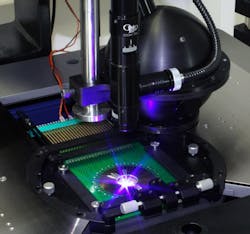 FIGURE 1. Devices are tested on a prober using an integrating sphere to assess performance characteristics during the sorting process known as binning. FIGURE 1. Devices are tested on a prober using an integrating sphere to assess performance characteristics during the sorting process known as binning.