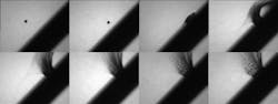 FIGURE 2. An 80–200 mm f2.8 lens was used with the SIMX8 framing camera to give a 25 × 20 mm field of view for a 1 mm diameter projectile. The camera stand-off distance was 50 cm. Data were acquired using the camera running at 800,000 fps, with 5 ns exposures. Backlighting was supplied from a xenon flash source. FIGURE 2. An 80–200 mm f2.8 lens was used with the SIMX8 framing camera to give a 25 × 20 mm field of view for a 1 mm diameter projectile. The camera stand-off distance was 50 cm. Data were acquired using the camera running at 800,000 fps, with 5 ns exposures. Backlighting was supplied from a xenon flash source.