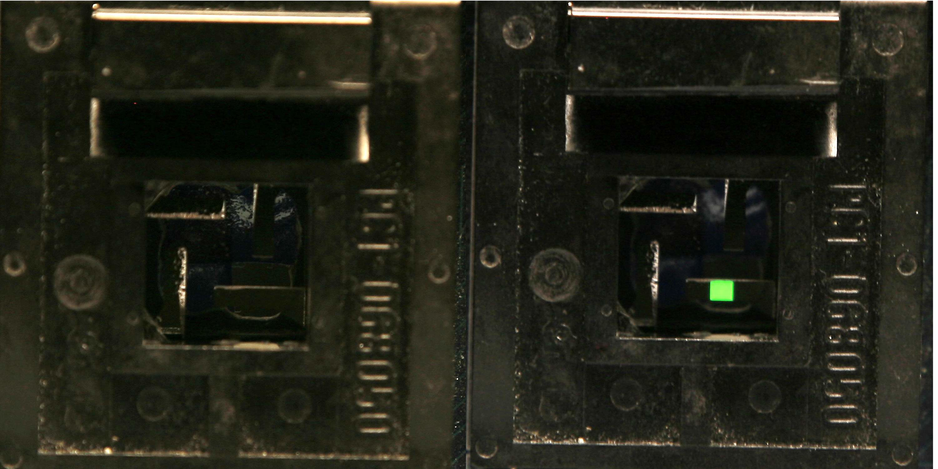 In the absence of 830 nm IR radiation (left), a 0.04 cm2 all-organic upconversion device remains dark. But in the presence of 830 nm illumination, the all-organic device upconverts this radiation to visible green light (right).
