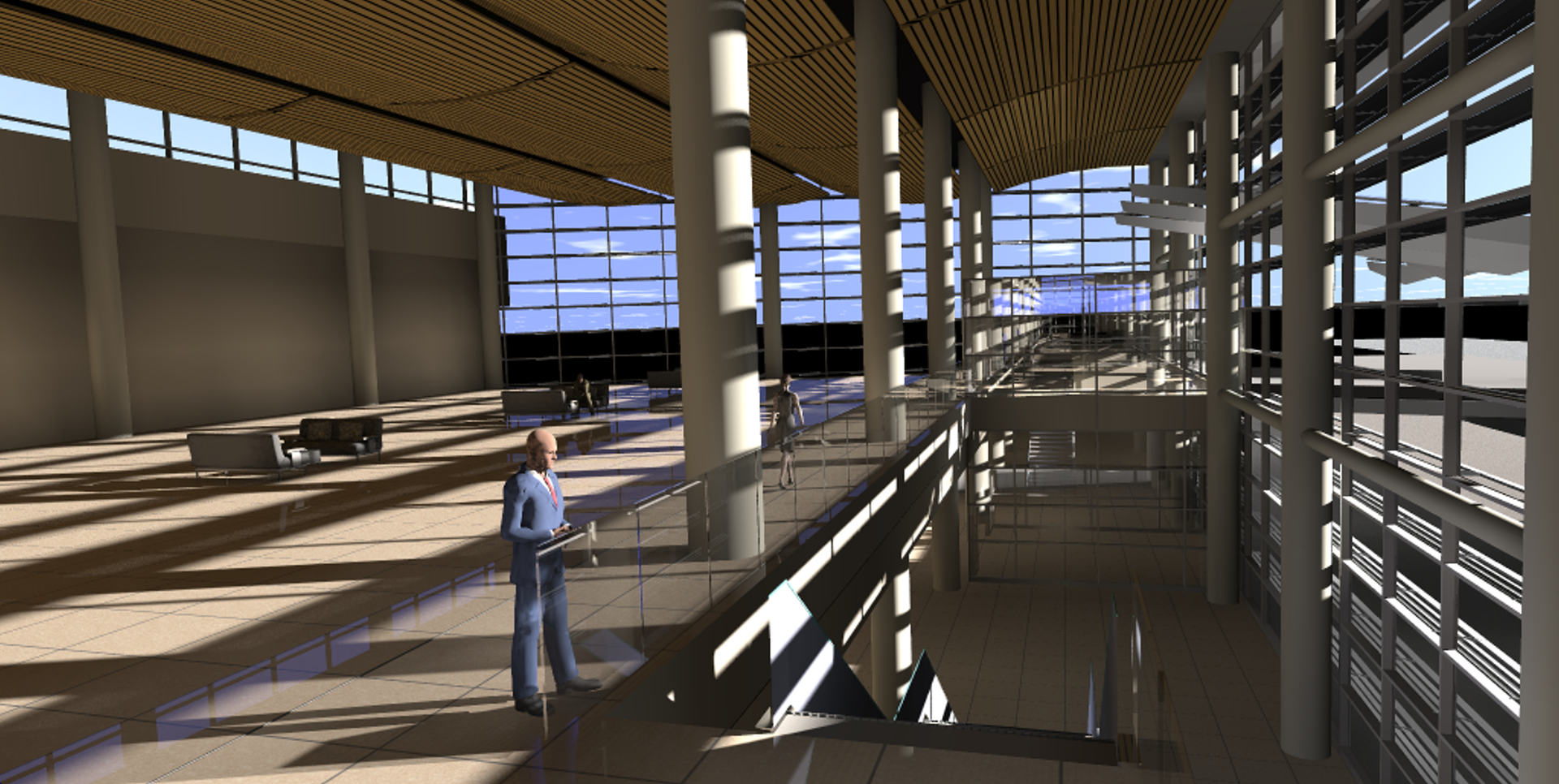 FIGURE 1. A ray-traced radiosity rendering shows a complex architectural environment where radiosity was used to calculate the illumination distribution for lighting design purposes, then ray tracing was used to recalculate the direct lighting with specular reflections for architectural visualization purposes.