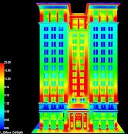 FIGURE 2. Image with pseudocolor rendering illustrates the luminance distribution of a hotel façade. FIGURE 2. Image with pseudocolor rendering illustrates the luminance distribution of a hotel façade.