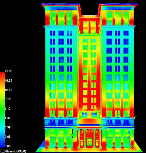 FIGURE 2. Image with pseudocolor rendering illustrates the luminance distribution of a hotel fa&ccedil;ade.