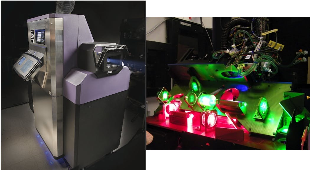 FIGURE 2. Kodak&apos;s laser projection technology prototype 3D cinema projector (left; inside view at right) demonstrates bright 3D, high contrast, and low operational costs to the cinema industry.
