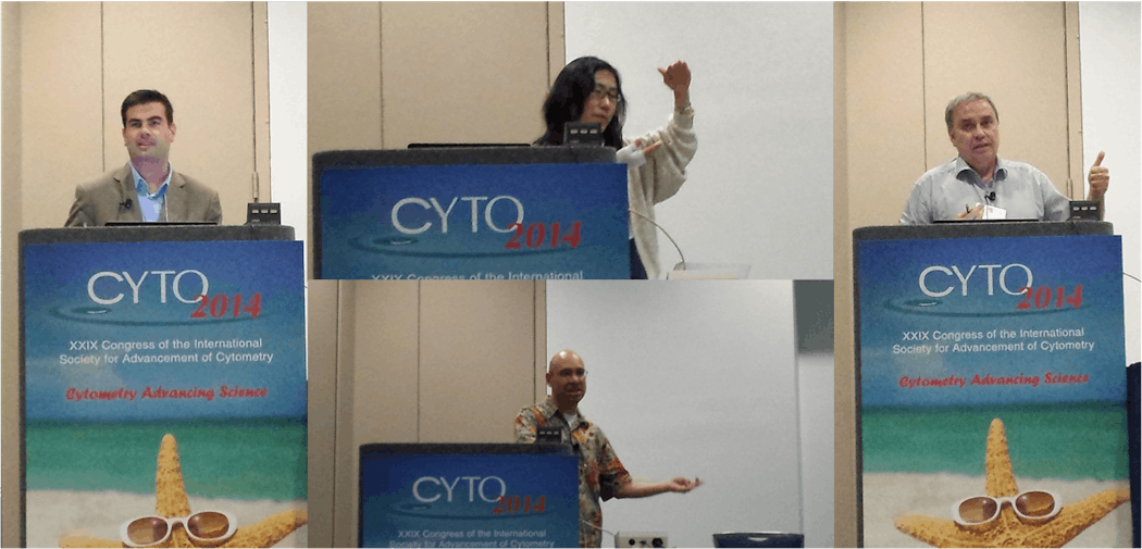 FIGURE 3. Panel speakers at the Fluorescence Lifetime Workshop of CYTO 2014 in Ft. Lauderdale, FL. Clockwise from left: Patrick Jenkins, New Mexico State University and Fred Hutchinson Cancer Research Center; Prof. Miho Suzuki, Saitama University; Prof. J&aacute;nos Sz&ouml;ll&apos;osi, Debrecen University; and Dr. Ralph Jimenez, JILA/NIST and the University of Colorado.