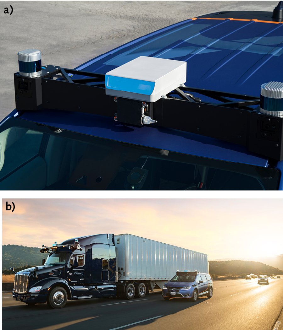 FIGURE 2. Aurora Firstlight Lidar is mounted on the front of an Aurora Pacific autonomous car (a); Aurora uses similar lidars in the autonomous driving systems on its Pacific car and its autonomous truck (b). The lidar is in the middle of the sensor bar above the windshield; other sensors are at right and left.