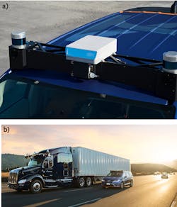 FIGURE 2. Aurora Firstlight Lidar is mounted on the front of an Aurora Pacific autonomous car (a); Aurora uses similar lidars in the autonomous driving systems on its Pacific car and its autonomous truck (b). The lidar is in the middle of the sensor bar above the windshield; other sensors are at right and left. FIGURE 2. Aurora Firstlight Lidar is mounted on the front of an Aurora Pacific autonomous car (a); Aurora uses similar lidars in the autonomous driving systems on its Pacific car and its autonomous truck (b). The lidar is in the middle of the sensor bar above the windshield; other sensors are at right and left.