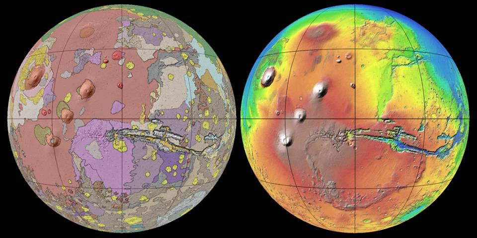 The global geologic map of Mars published by the U.S. Geological Survey in 2014; it combines information from four orbiting spacecraft that have been acquiring data for more than 16 years.