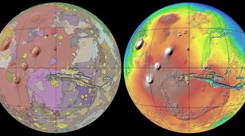 The global geologic map of Mars published by the U.S. Geological Survey in 2014; it combines information from four orbiting spacecraft that have been acquiring data for more than 16 years.