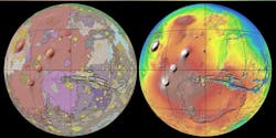 The global geologic map of Mars published by the U.S. Geological Survey in 2014; it combines information from four orbiting spacecraft that have been acquiring data for more than 16 years. The global geologic map of Mars published by the U.S. Geological Survey in 2014; it combines information from four orbiting spacecraft that have been acquiring data for more than 16 years.