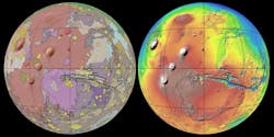 The global geologic map of Mars published by the U.S. Geological Survey in 2014; it combines information from four orbiting spacecraft that have been acquiring data for more than 16 years.